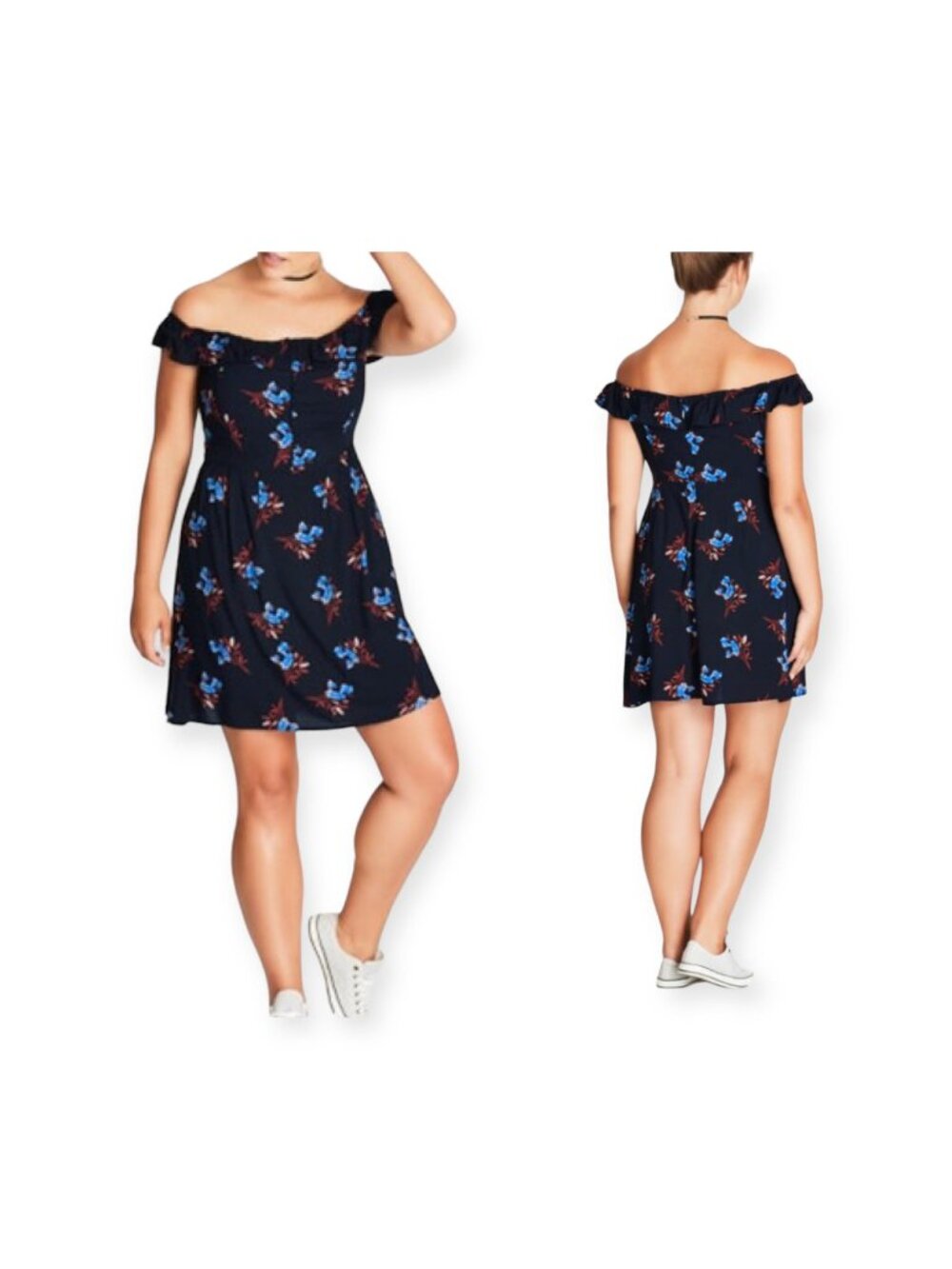 City Chic Blue Floral Off the Shoulder Mini Dress, Size 16 Plus size, NWT
